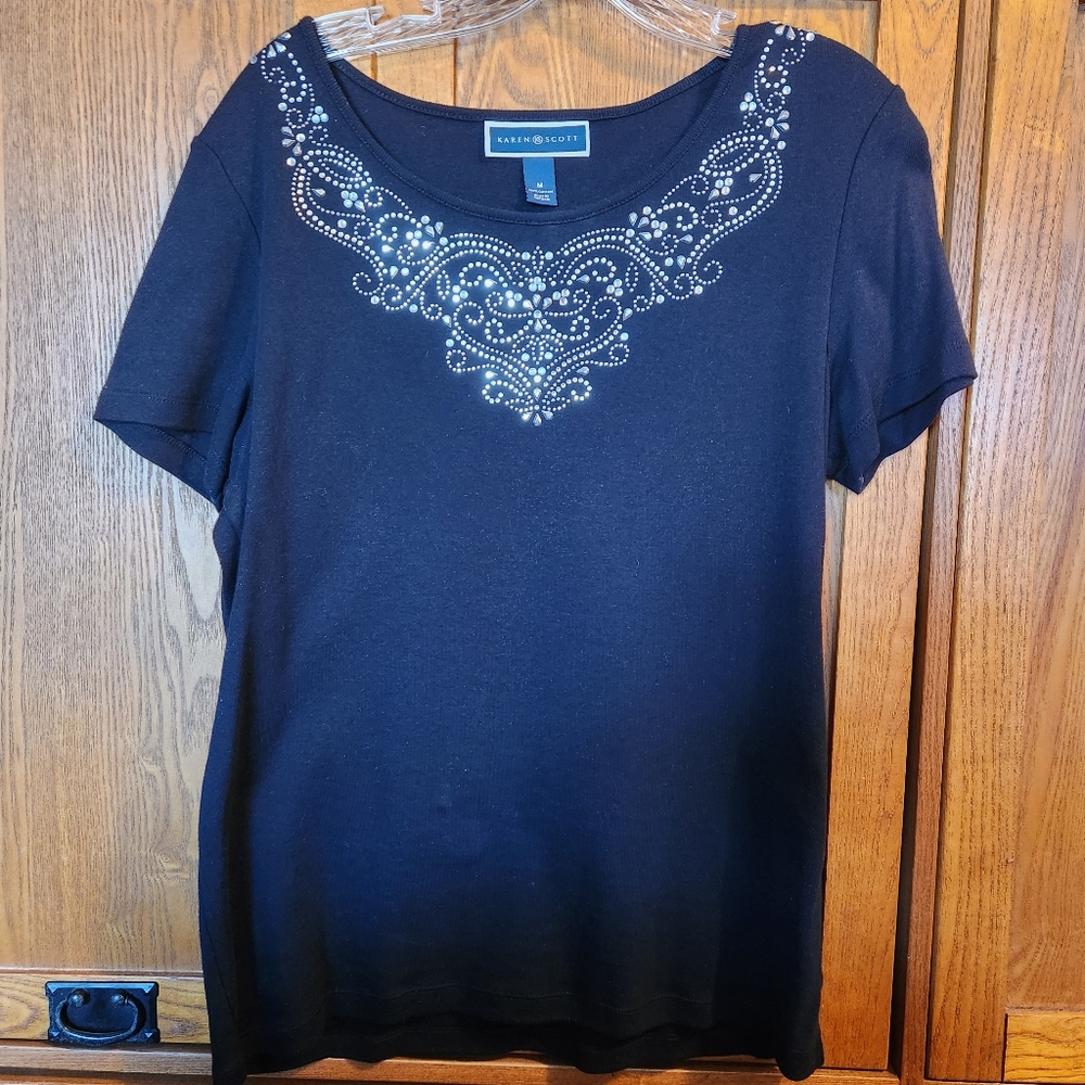 Karen Scott Black Embellished Women's Top Women's Medium short-sleeve EUC